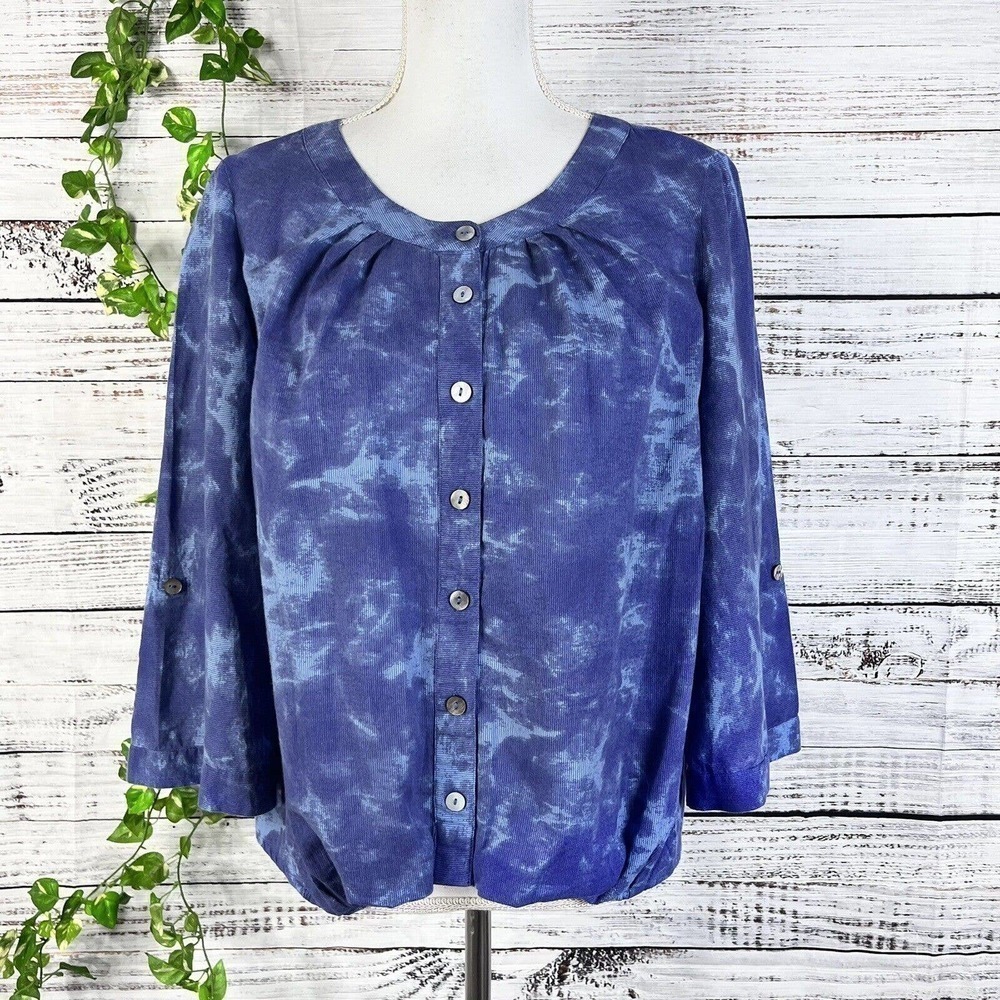 LOGO Lori Goldstein Blouse Top size Small Blue Peasant Boho Modest Casual Slim